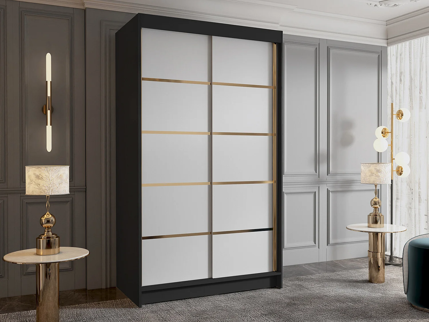 Armoire Closico 189, Blanc|Noir, 200x100x58cm, Portes d'armoire: Coulissantes