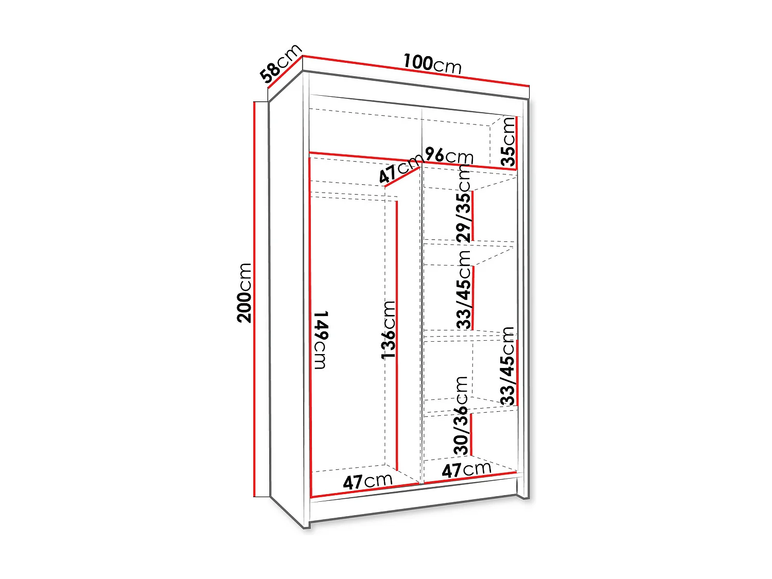 Armoire Closico 189, Blanc|Noir, 200x100x58cm, Portes d'armoire: Coulissantes
