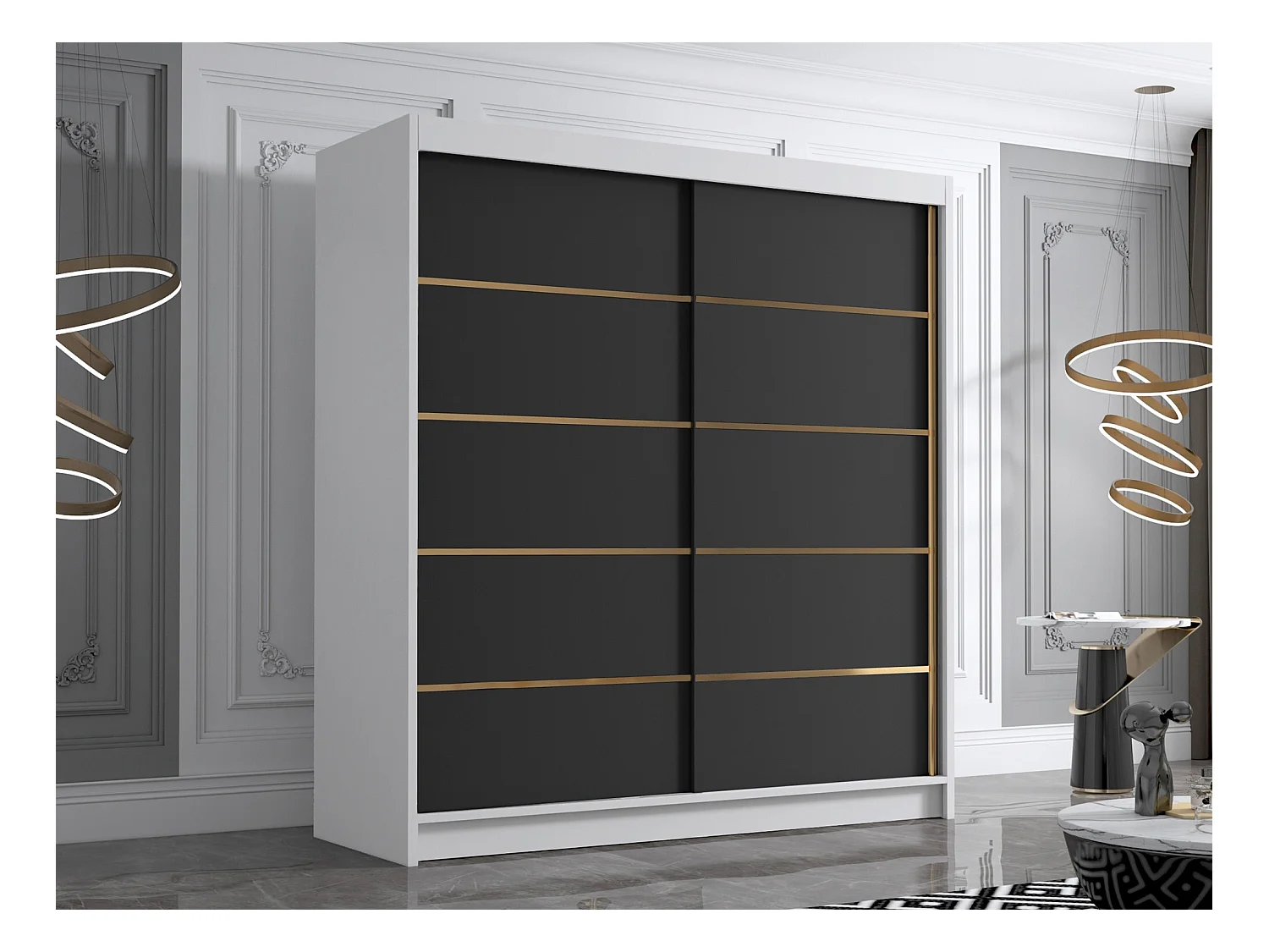 Armario Closico 186, Negro|Blanco, 215x180x58cm, Puertas de armario: Correderas