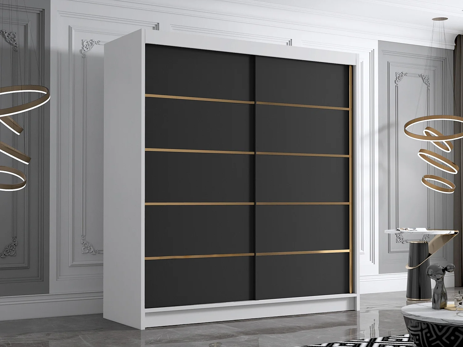 Armadio Closico 186, Nero|Bianco, 215x180x58cm, Porte armadi: Scorrevoli
