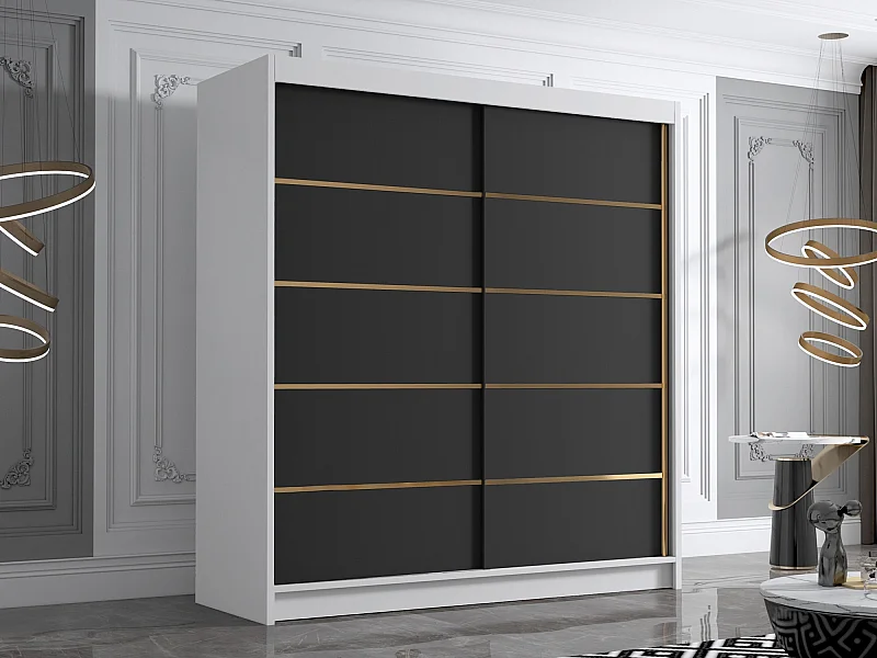Armoire Closico 186, Noir|Blanc, 215x180x58cm, Portes d'armoire: Coulissantes