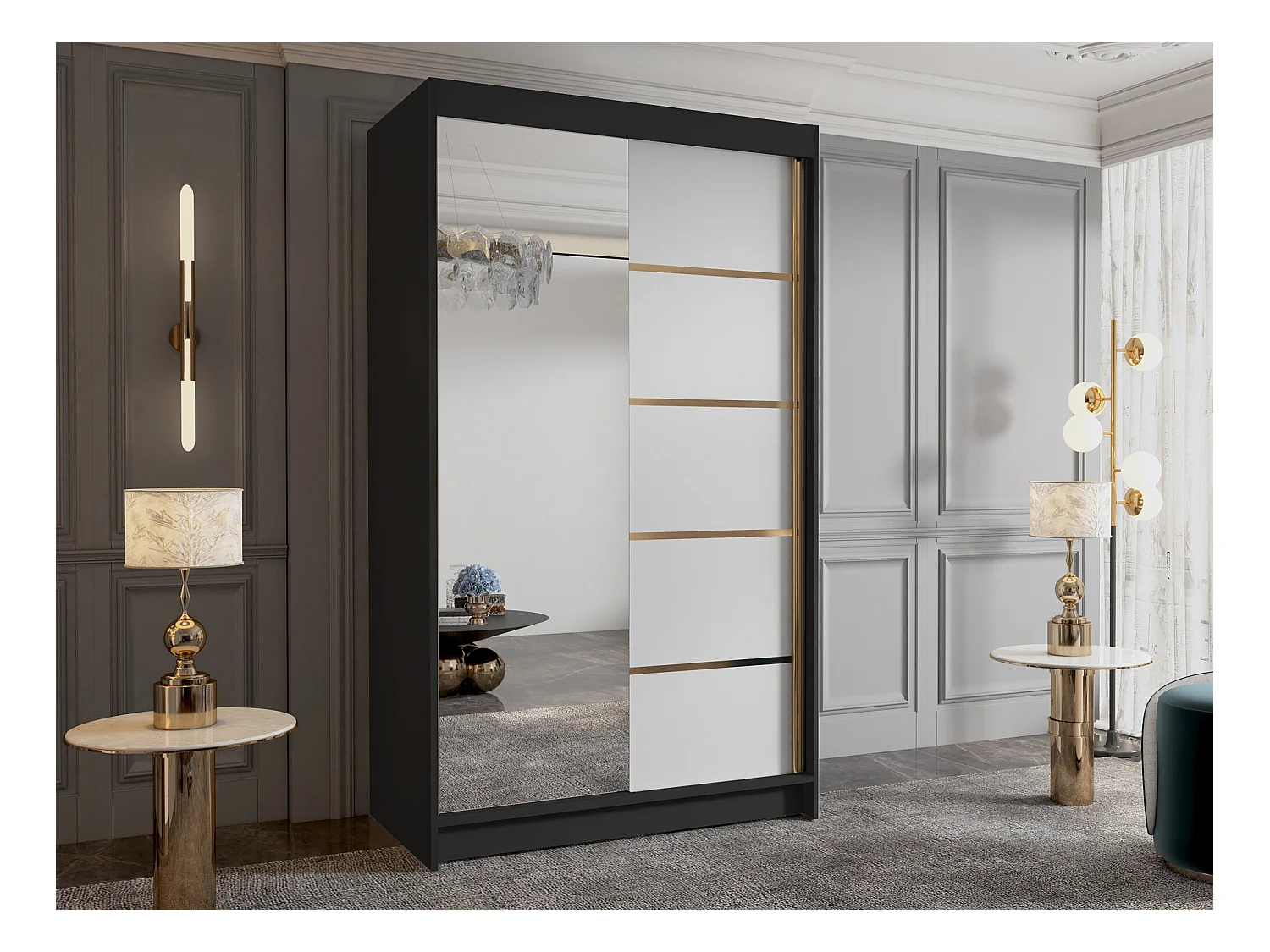Armoire Closico 189, Blanc|Noir, 200x100x58cm, Portes d'armoire: Coulissantes