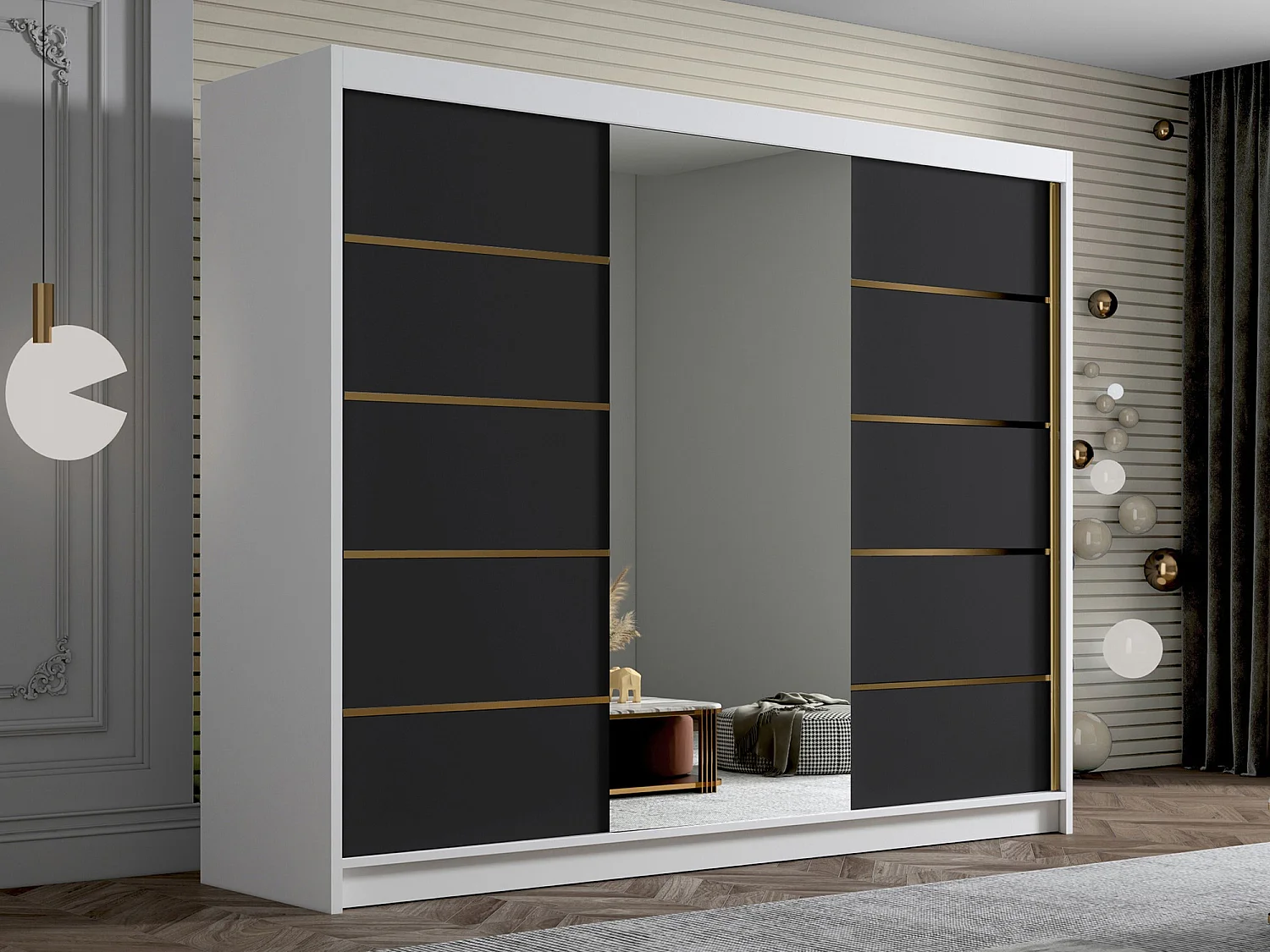 Armoire Closico 184, Noir|Blanc, 215x250x58cm, Portes d'armoire: Coulissantes