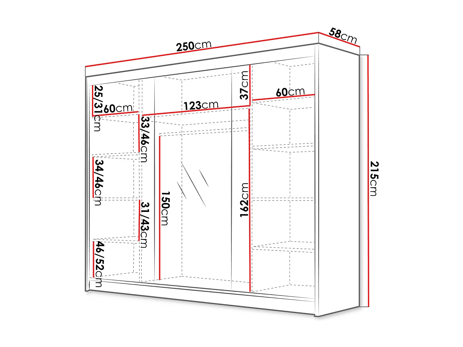 Armoire Closico 184, Noir|Blanc, 215x250x58cm, Portes d'armoire: Coulissantes