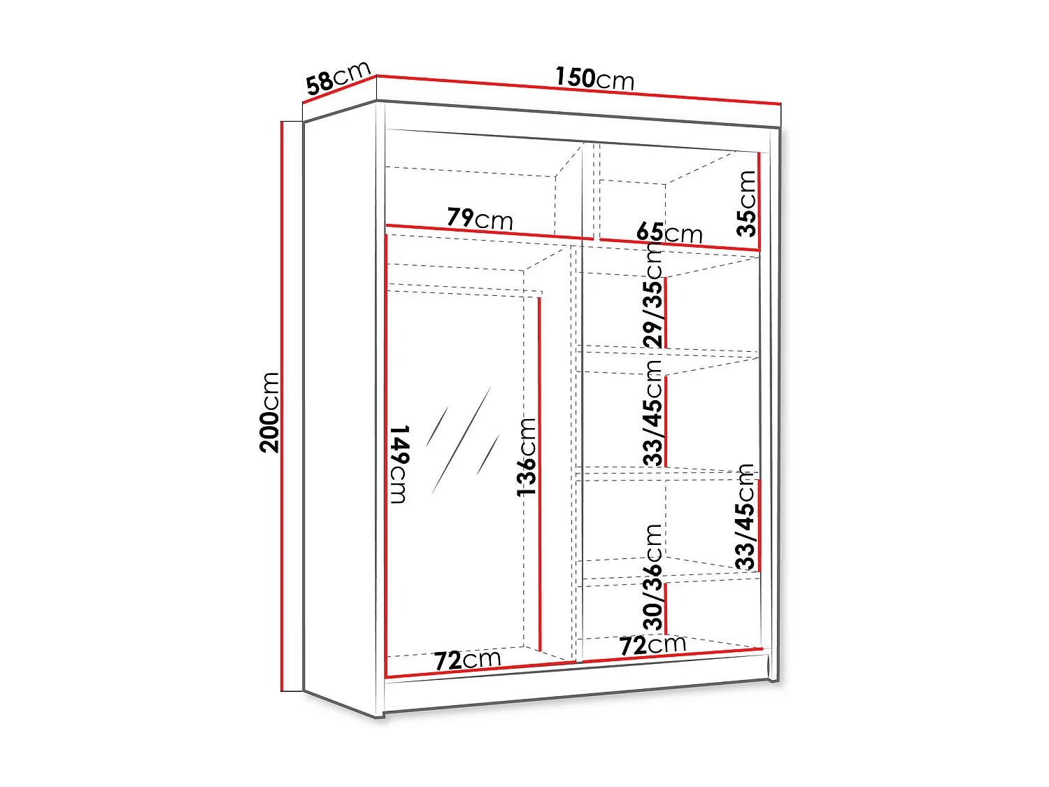 Armario Closico 187, Negro|Blanco, 200x150x58cm, Puertas de armario: Correderas