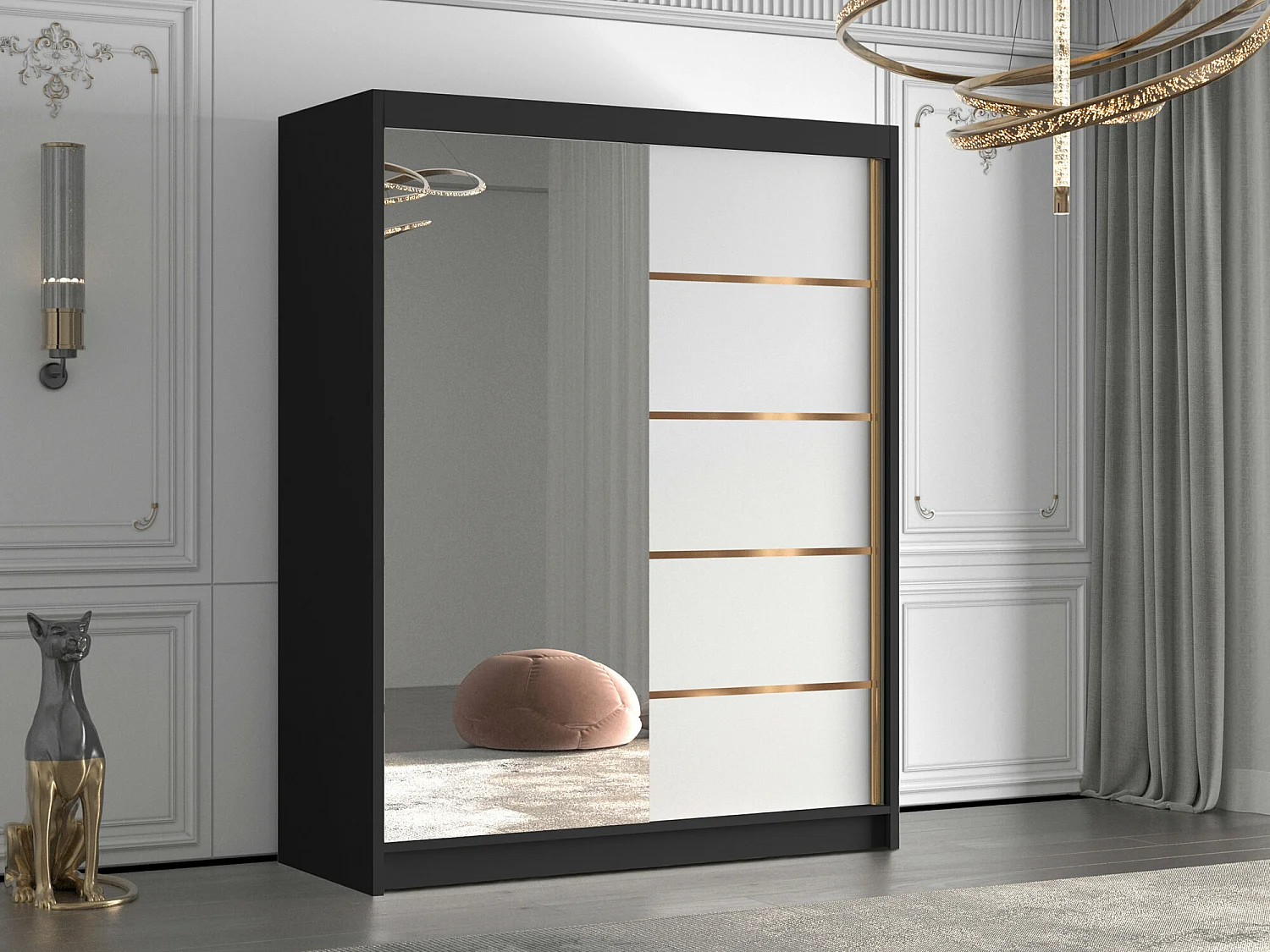 Armadio Closico 187, Bianco|Nero, 200x150x58cm, Porte armadi: Scorrevoli