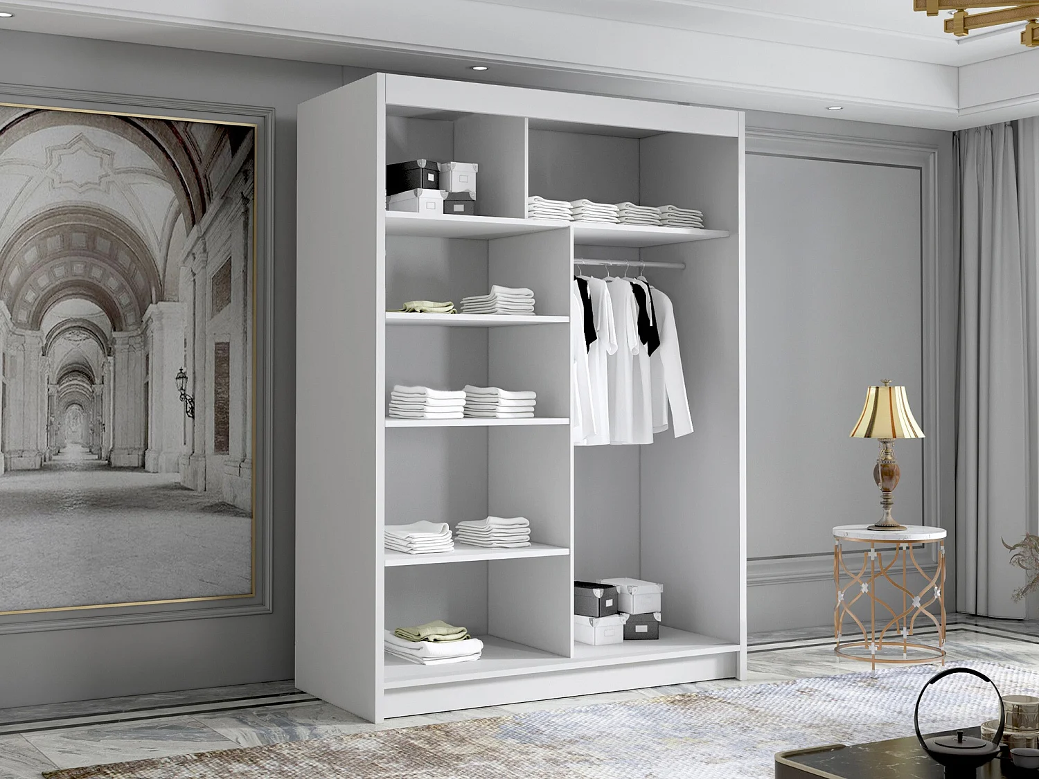 Armoire Closico 188, Blanc|Noir, 200x120x58cm, Portes d'armoire: Coulissantes