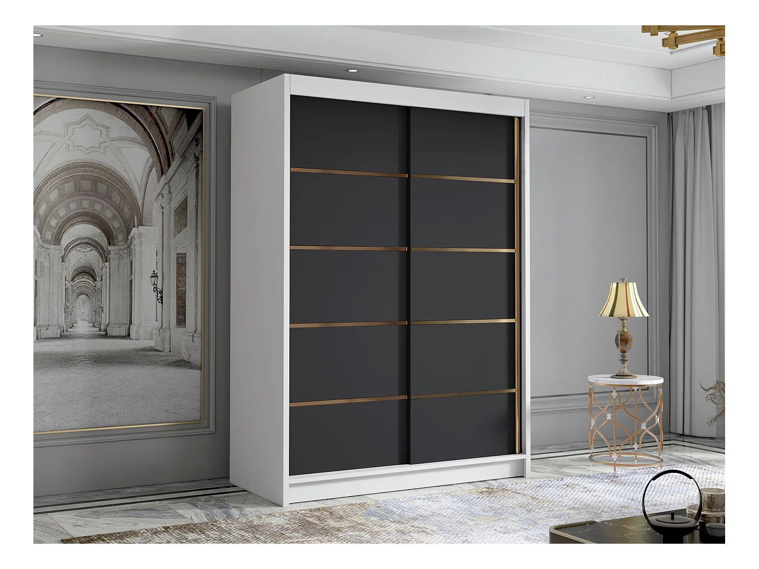Armario Closico 188, Negro|Blanco, 200x120x58cm, Puertas de armario: Correderas