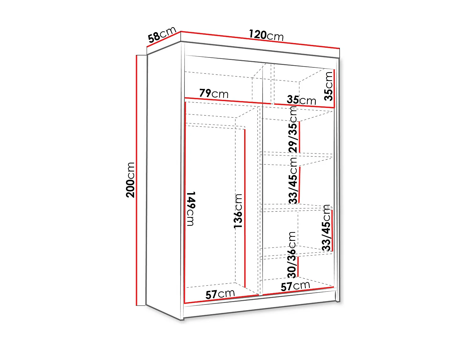 Armadio Closico 188, Bianco|Nero, 200x120x58cm, Porte armadi: Scorrevoli