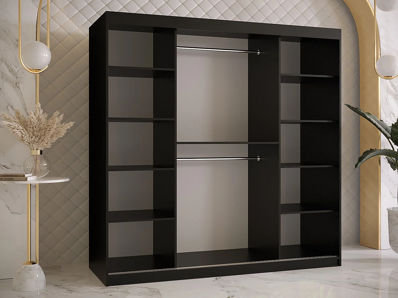 Armoire Hartford 468, Noir|Noyer, 200x180x62cm, Portes d'armoire: Coulissantes