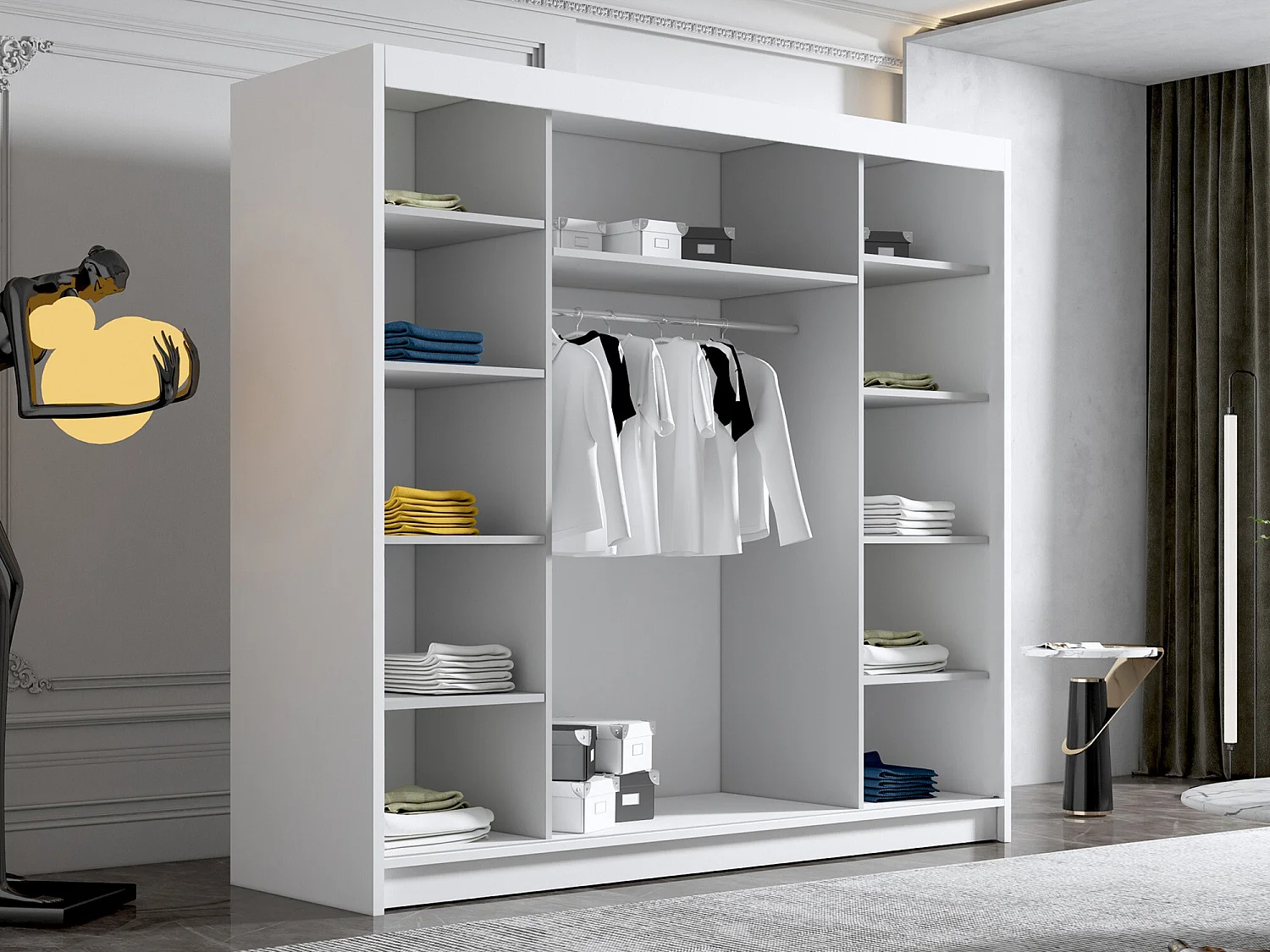 Armario Closico 185, Negro|Blanco, 215x200x58cm, Puertas de armario: Correderas