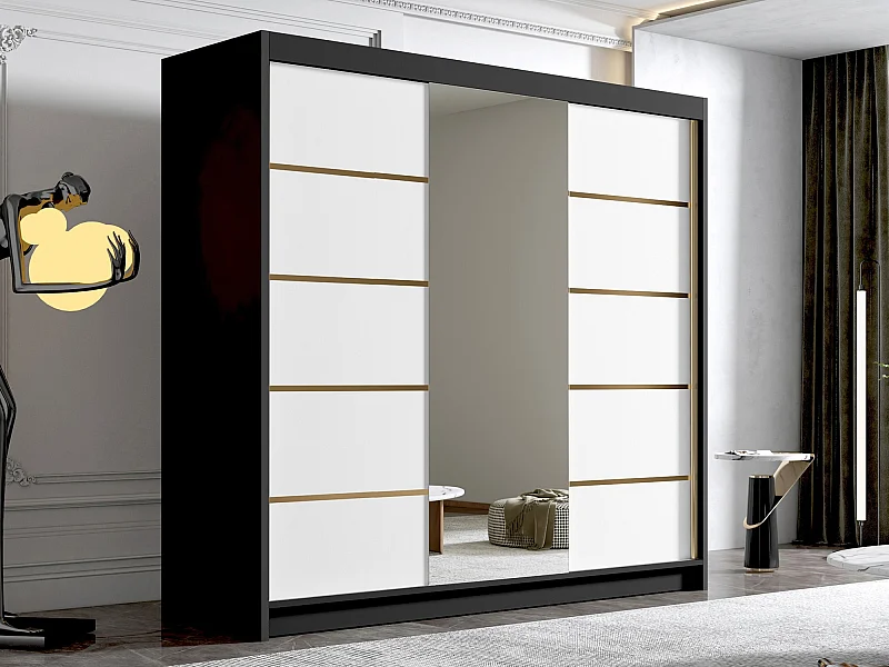 Armoire Closico 185, Noir|Blanc, 215x200x58cm, Portes d'armoire: Coulissantes
