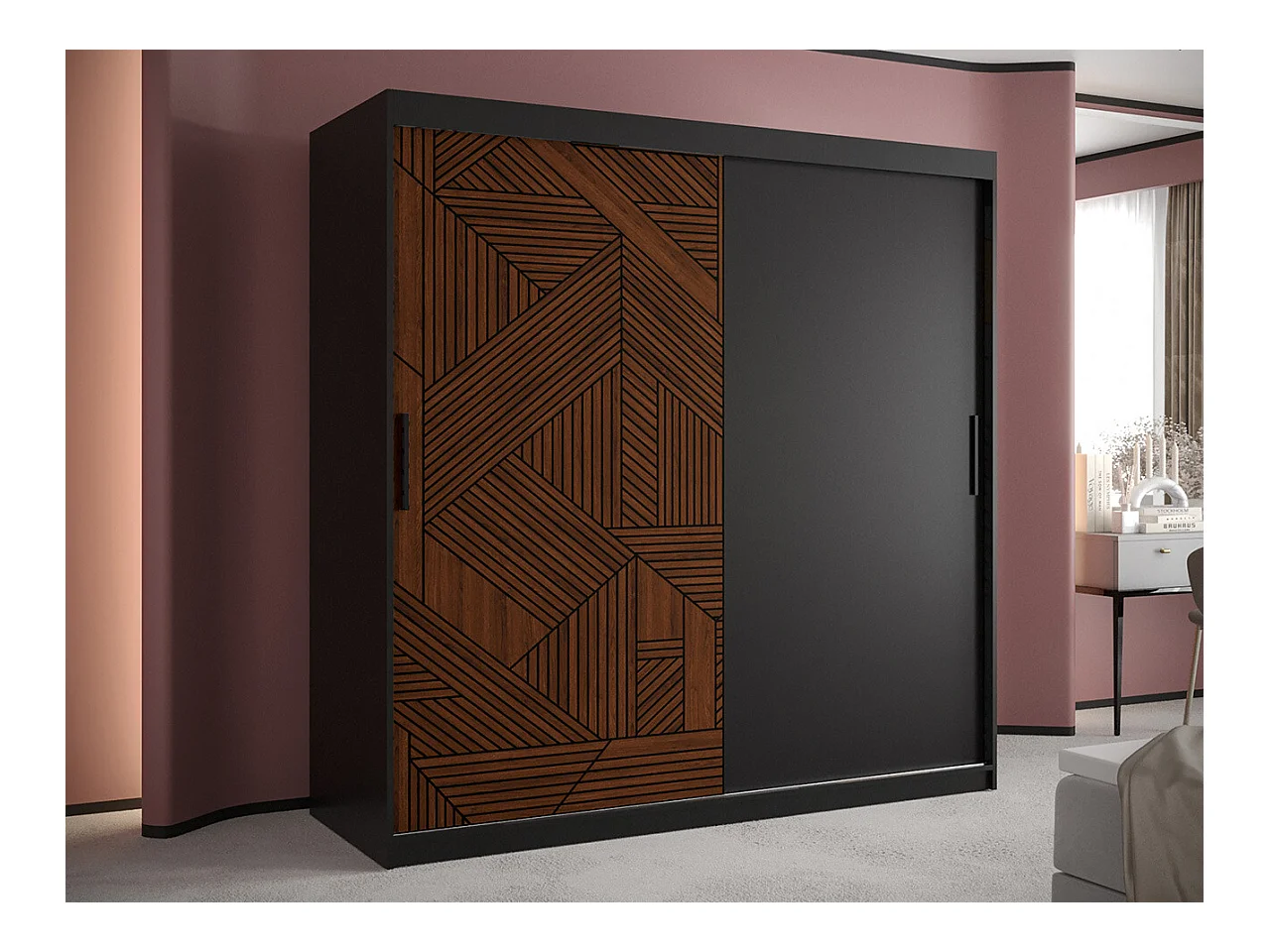 Armoire Hartford 465, Noir|Noyer, 200x180x62cm, Portes d'armoire: Coulissantes