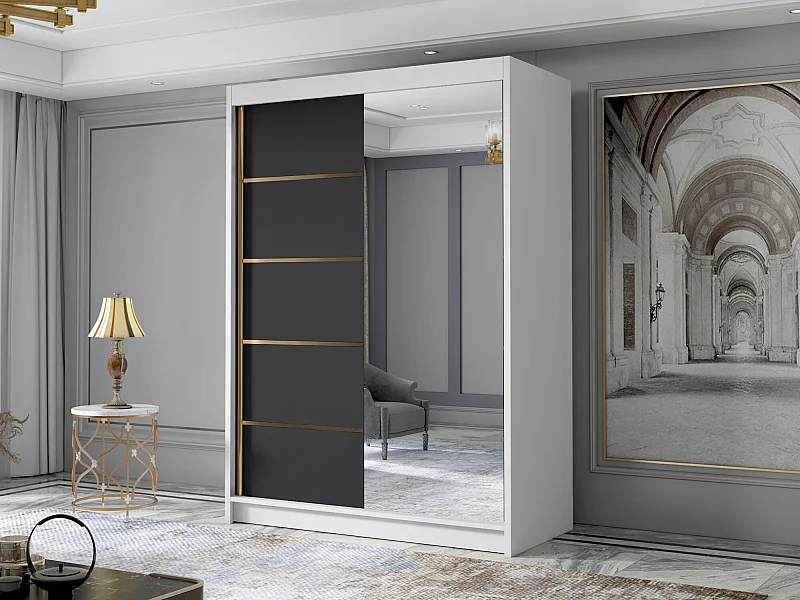 Armoire Closico 188, Noir|Blanc, 200x120x58cm, Portes d'armoire: Coulissantes