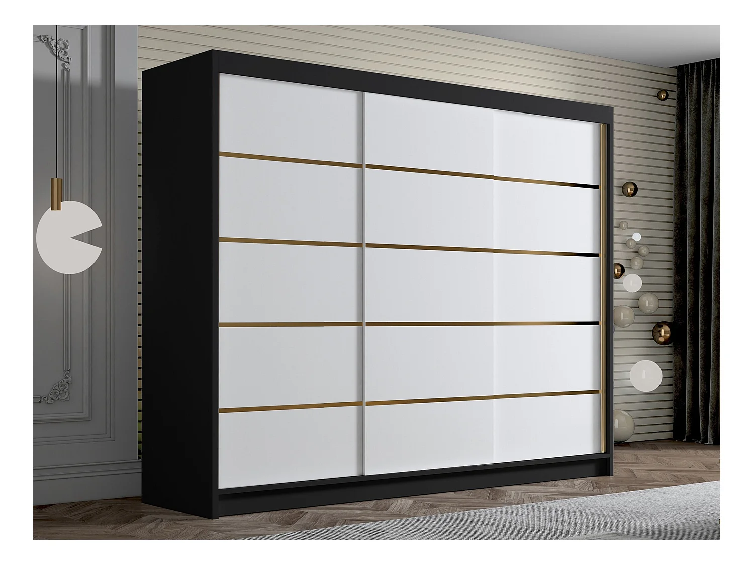 Armoire Closico 184, Blanc|Noir, 215x250x58cm, Portes d'armoire: Coulissantes