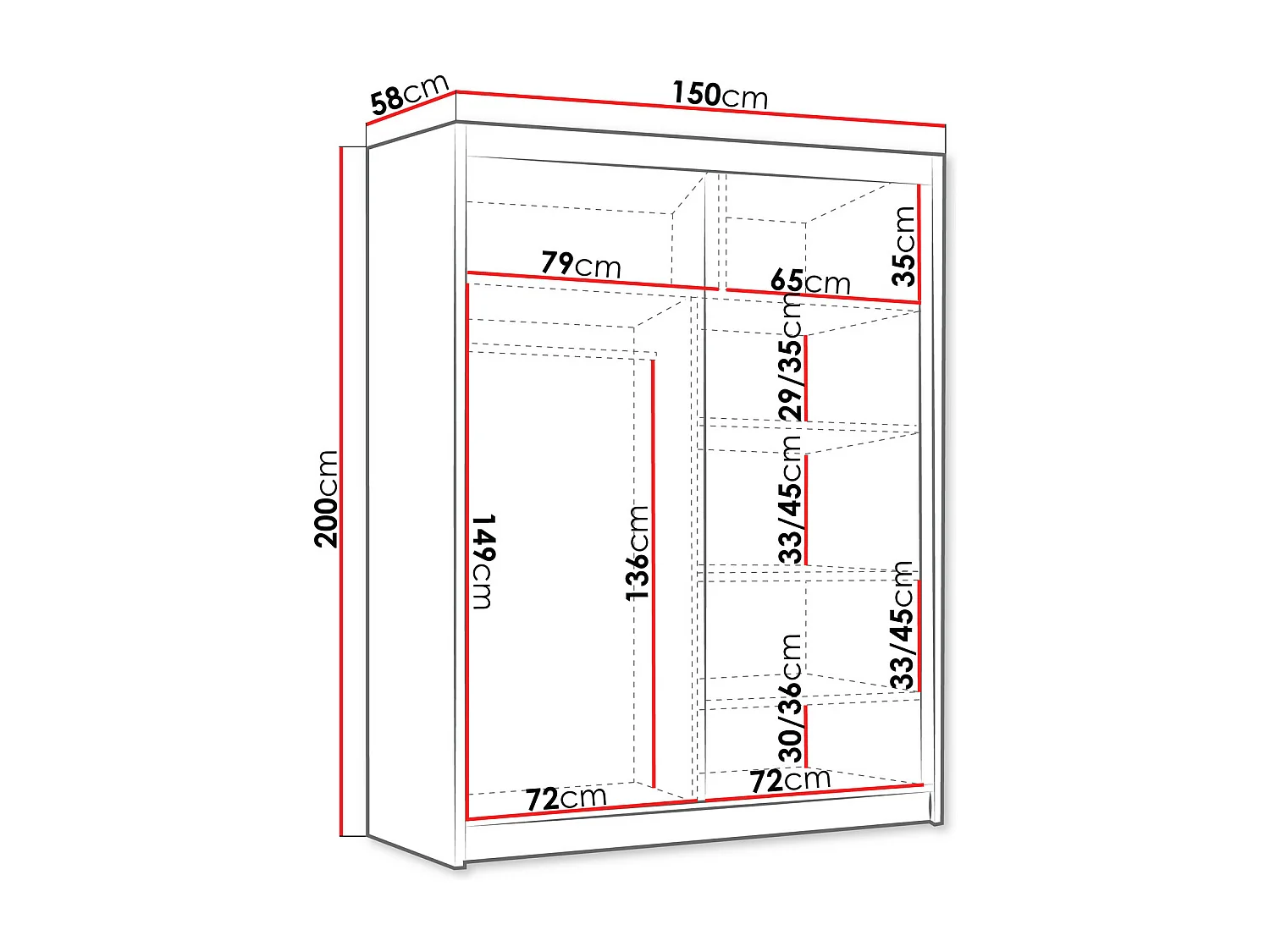 Armoire Closico 187, Blanc|Noir, 200x150x58cm, Portes d'armoire: Coulissantes