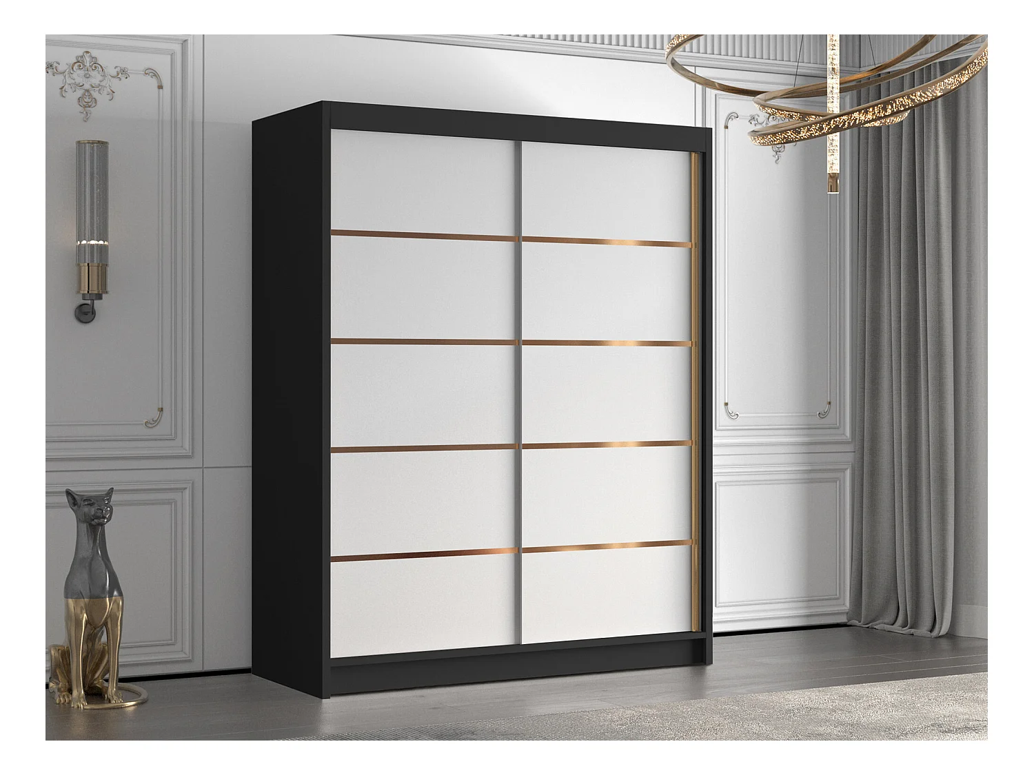 Armoire Closico 187, Blanc|Noir, 200x150x58cm, Portes d'armoire: Coulissantes