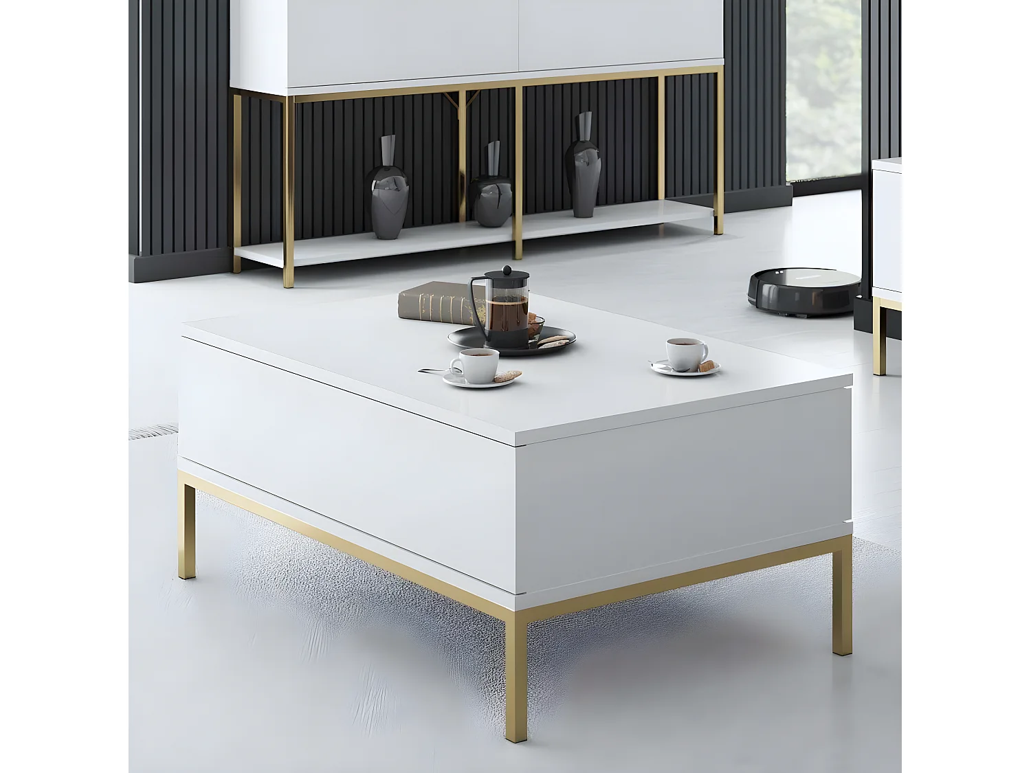 Mesa de café Kailua Z113, Dorado|Blanco, 40x60x90cm, Aglomerado laminado, Angular