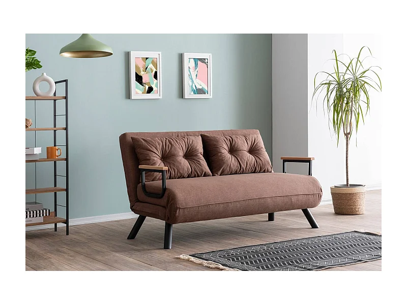 Canapé 2 places convertible Yolanda Métal Noir et Lin Marron clair