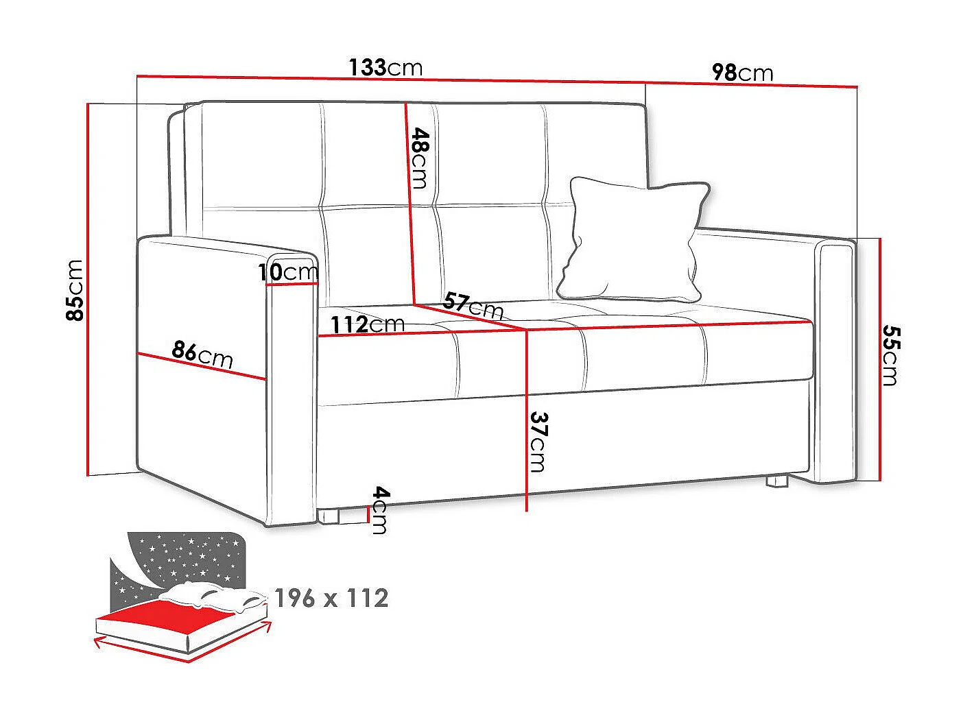 Sofá-cama Columbus 105, Cama com arrumação, 9x13x10cm