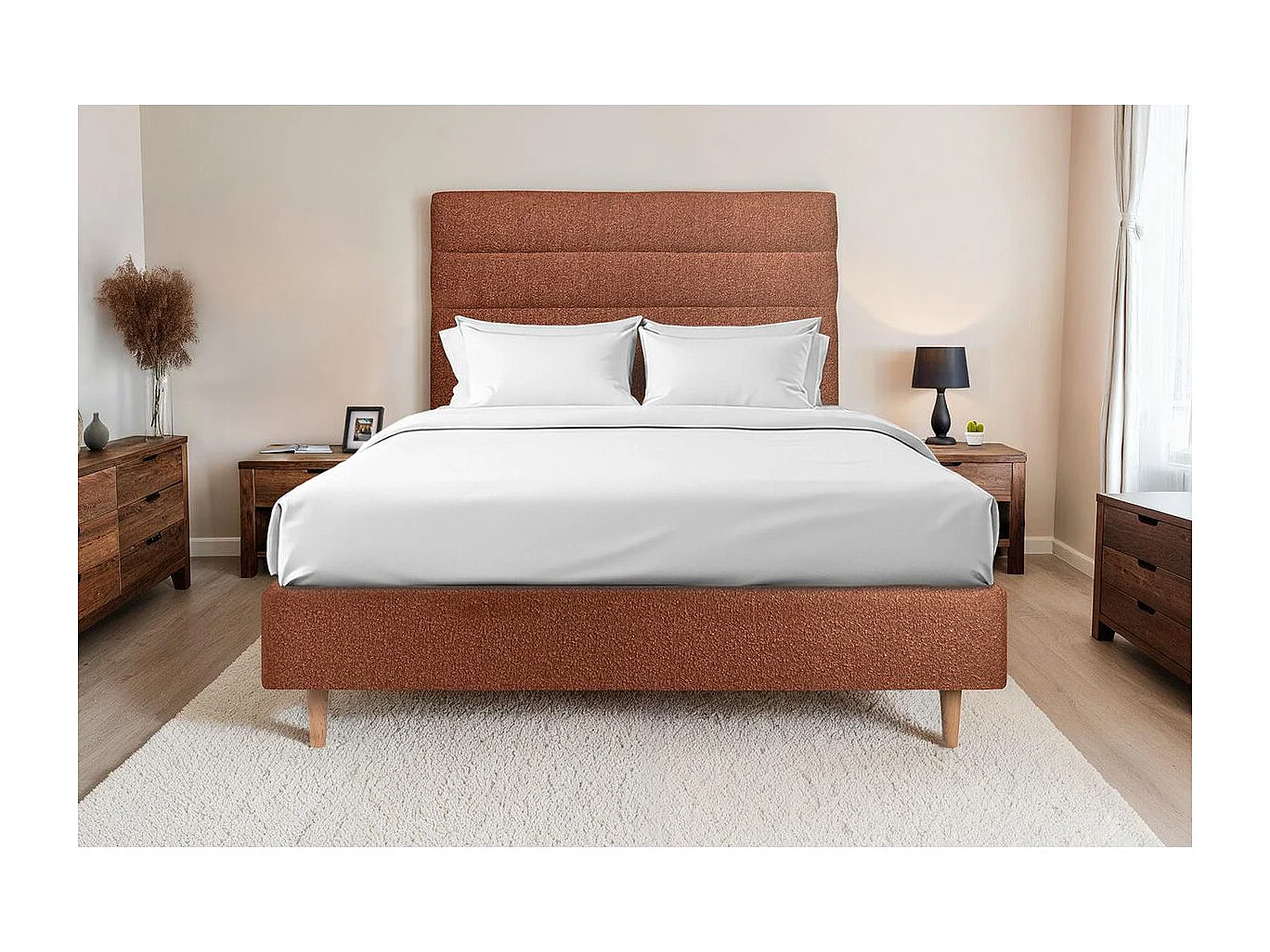 Tete de lit Lignes Bouclette Terracotta L 200 cm - Ep 10 cm rembourré