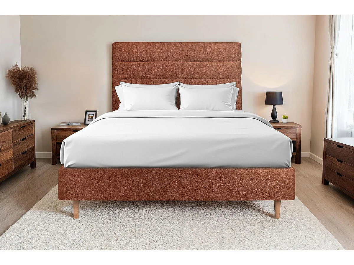 Tete de lit Lignes Bouclette Terracotta L 200 cm - Ep 10 cm rembourré