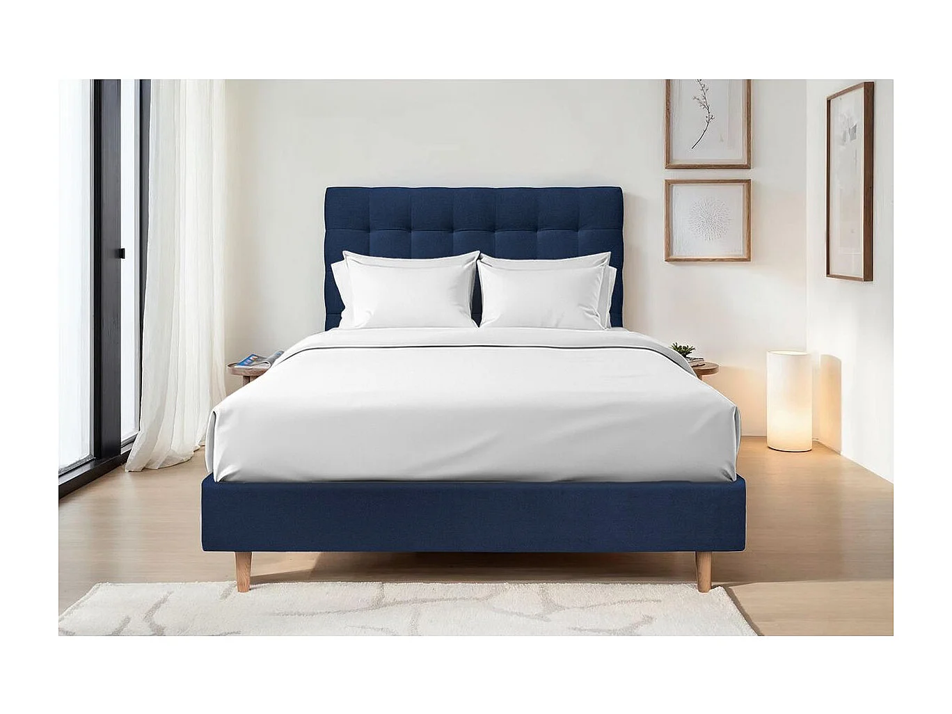 Tete de lit Capitonnée Velours Bleu L 200 cm - Ep 10 cm rembourré