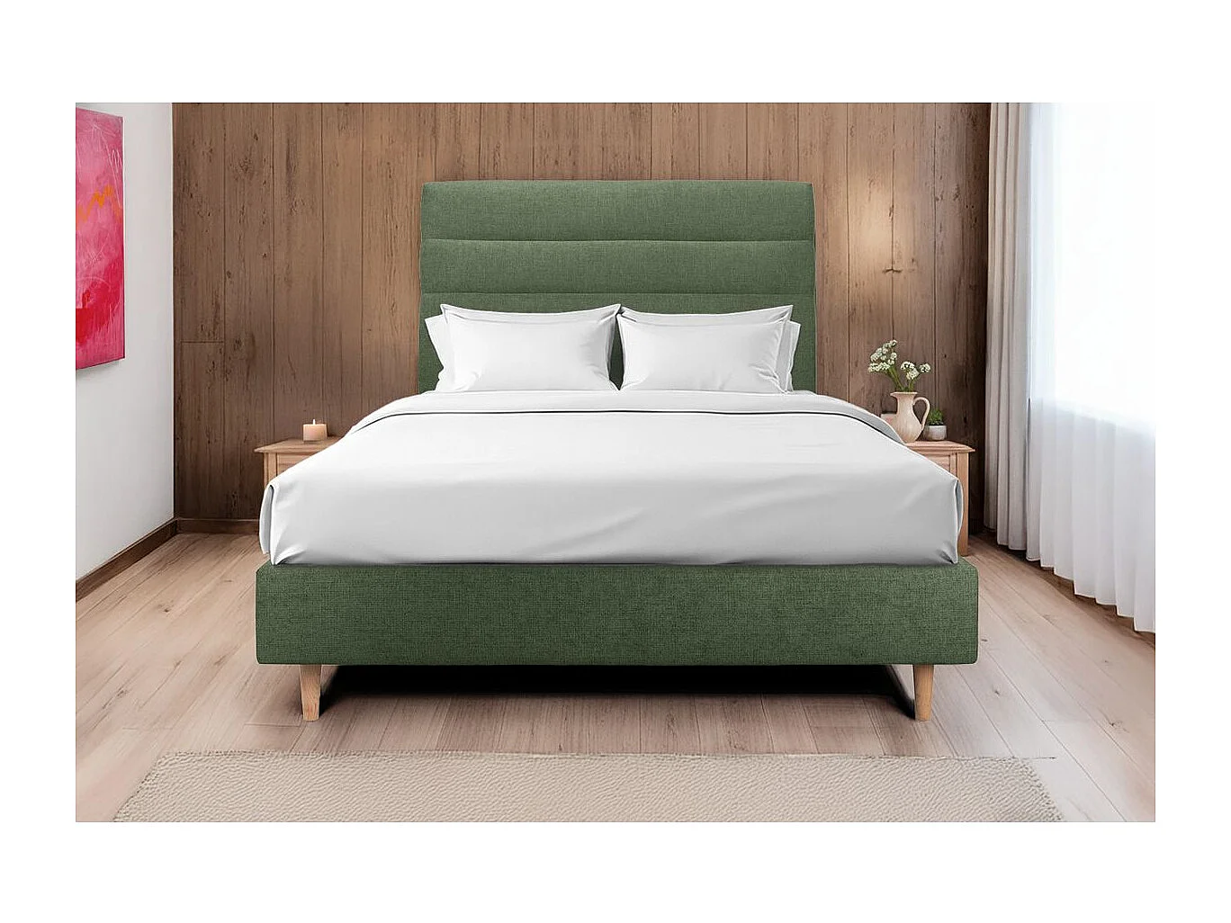 Tete de lit Lignes Tissu Vert L 180 cm - Ep 10 cm rembourré