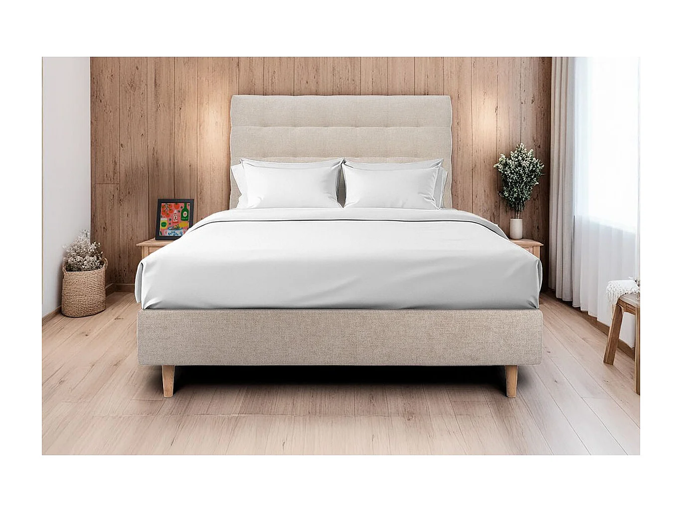 Tete de lit Capitonnée Tissu Beige brun L 160 cm - Ep 10 cm rembourré