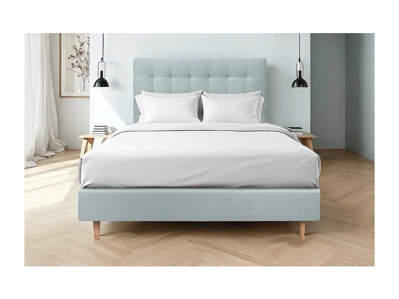 Tete de lit Capitonnée Velours Gris bleuté L 160 cm - Ep 10 cm rembourré