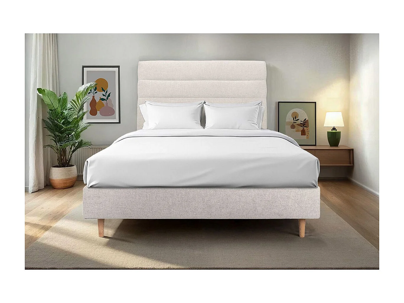 Tete de lit Lignes Tissu Beige clair L 180 cm - Ep 10 cm rembourré