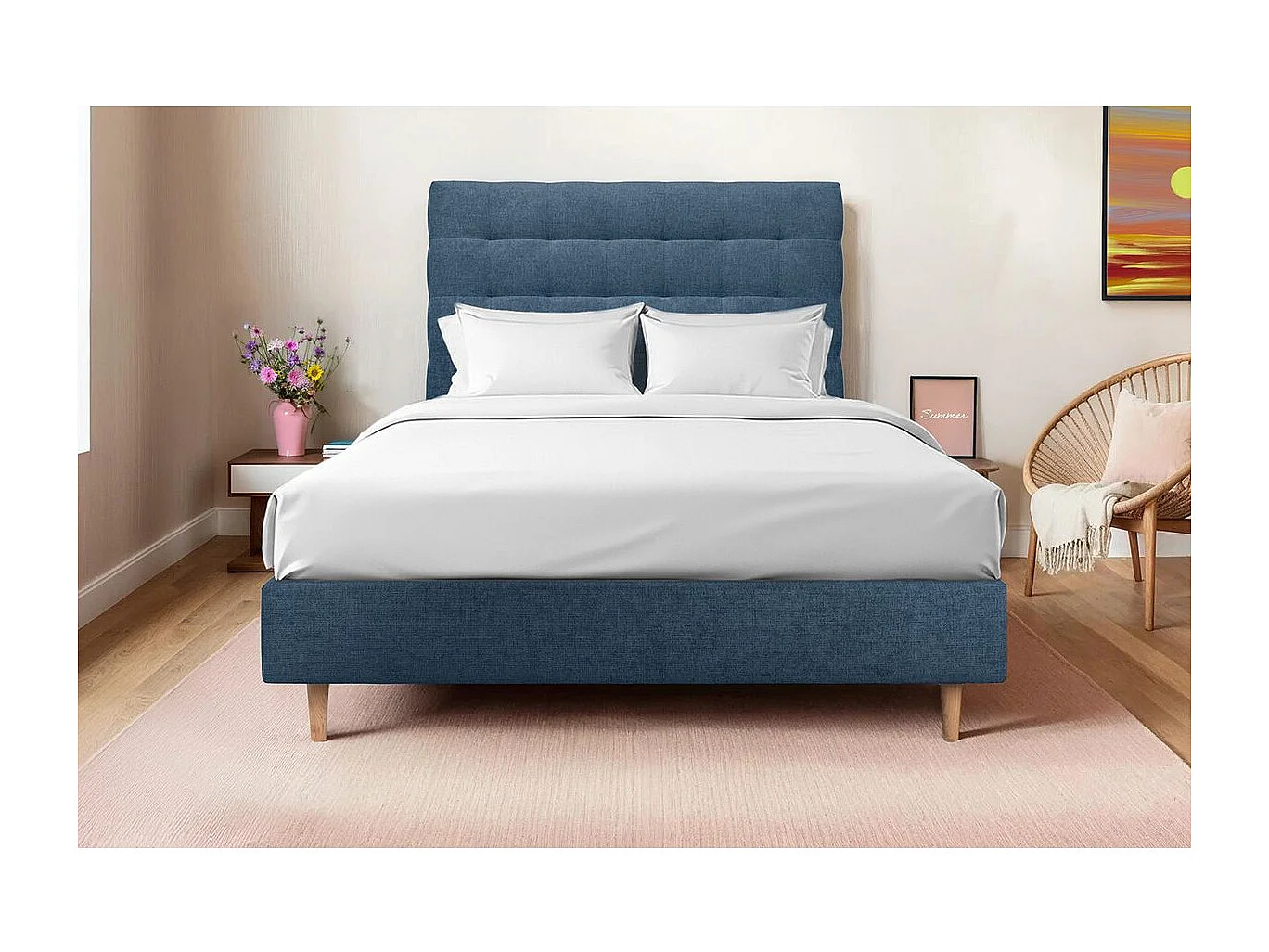 Tete de lit Capitonnée Tissu Bleu L 140 cm - Ep 10 cm rembourré