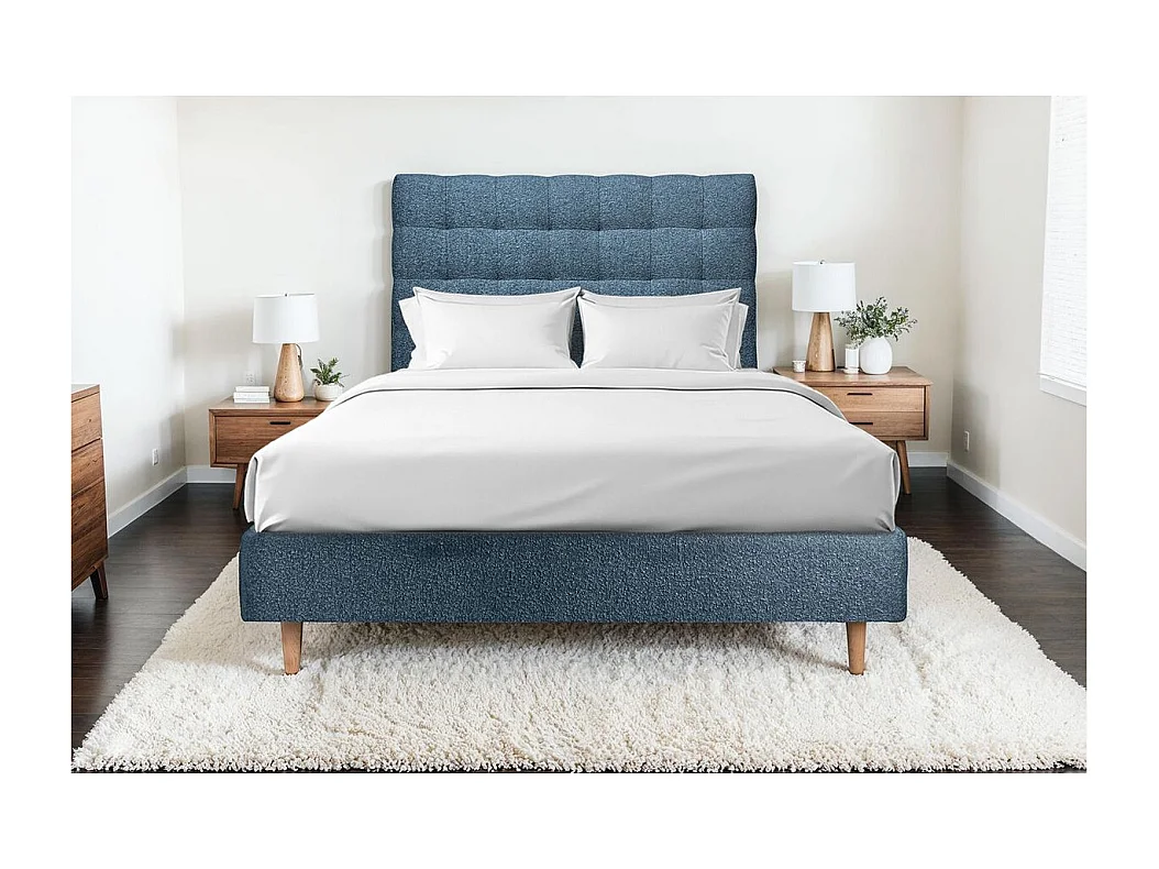 Tete de lit Capitonnée Bouclette Bleue L 200 cm - Ep 10 cm rembourré