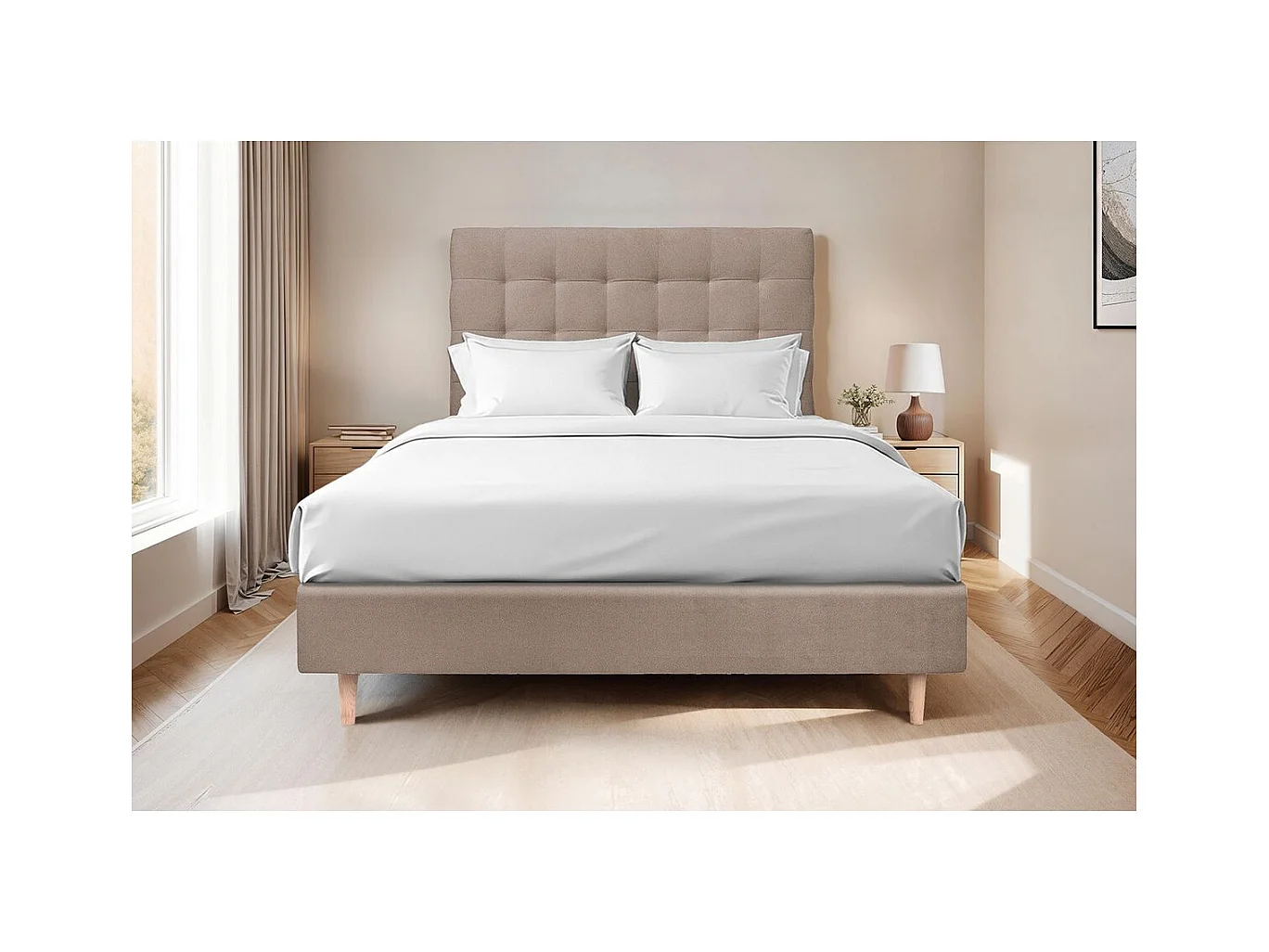Tete de lit Capitonnée Velours Taupe L 180 cm - Ep 10 cm rembourré