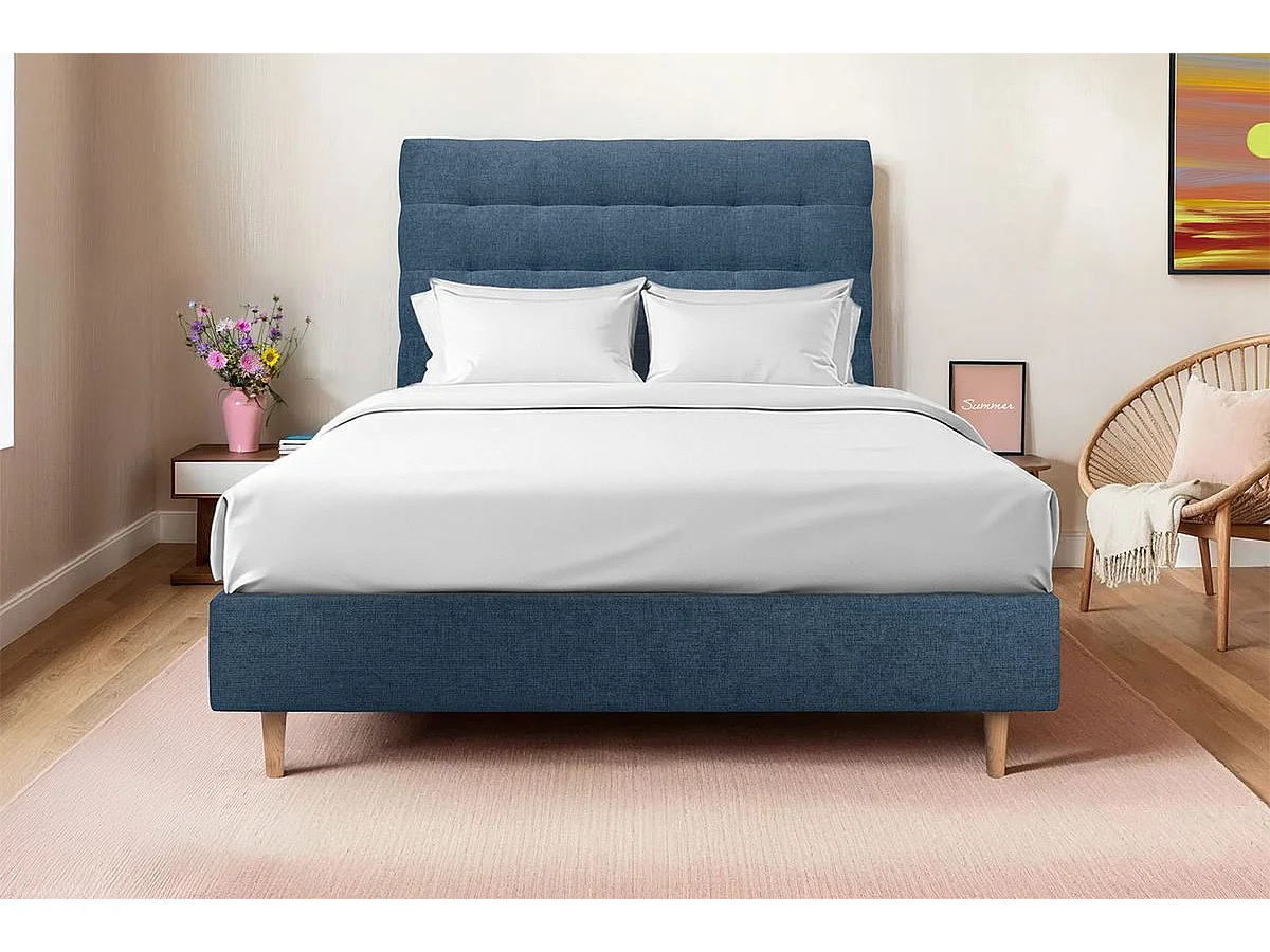 Tete de lit Capitonnée Tissu Bleu L 180 cm - Ep 10 cm rembourré