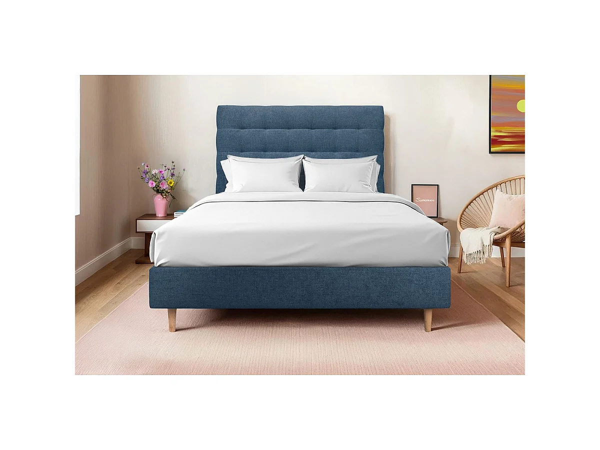 Tete de lit Capitonnée Tissu Bleu L 180 cm - Ep 10 cm rembourré