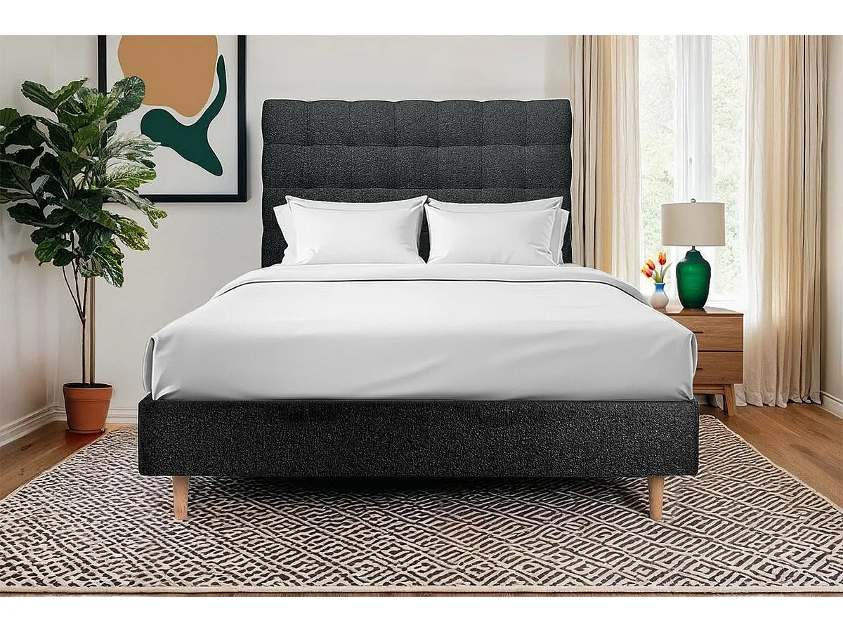 Tete de lit Capitonnée Bouclette Noir L 180 cm - Ep 10 cm rembourré