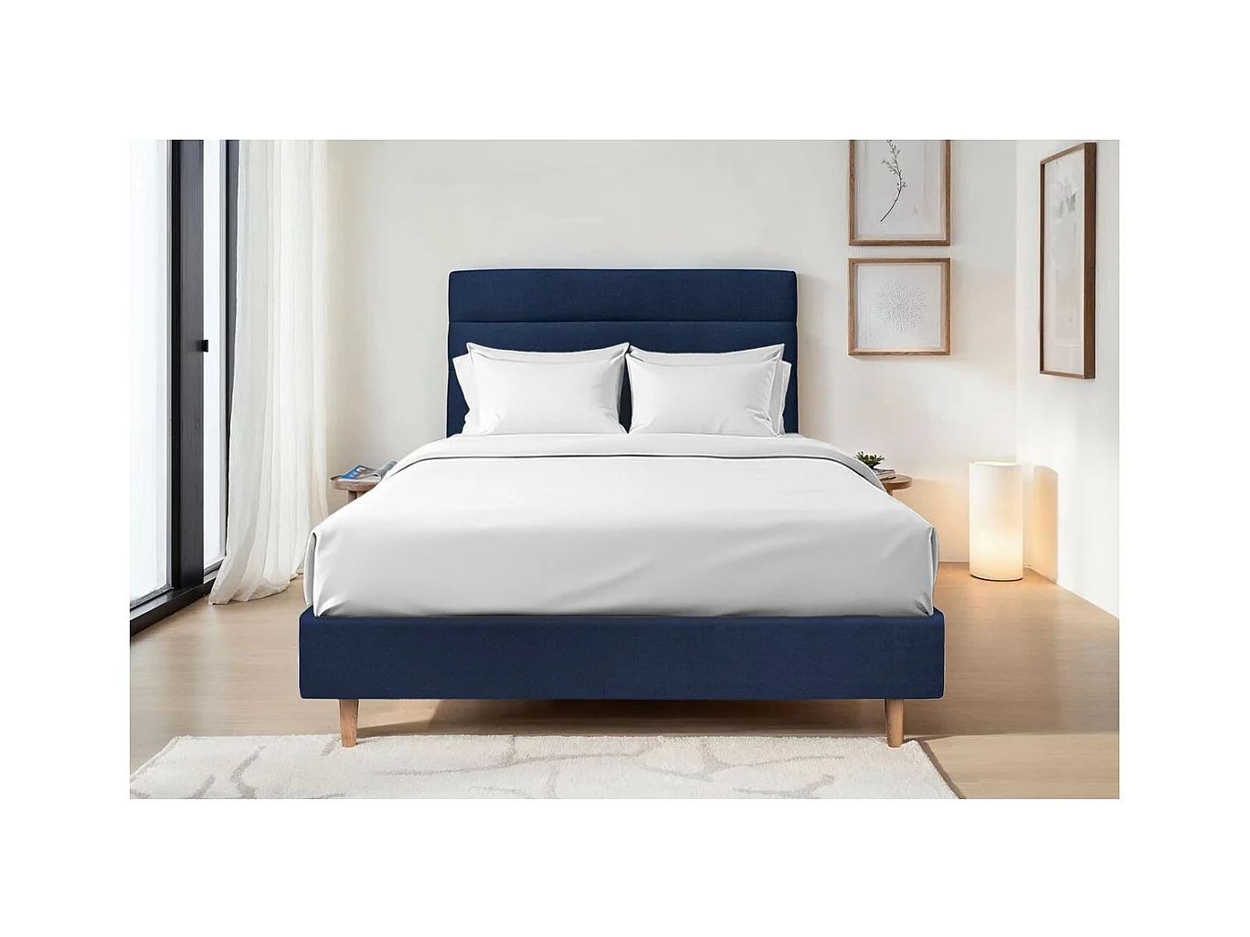 Tete de lit Lignes Velours Bleu L 160 cm - Ep 10 cm rembourré