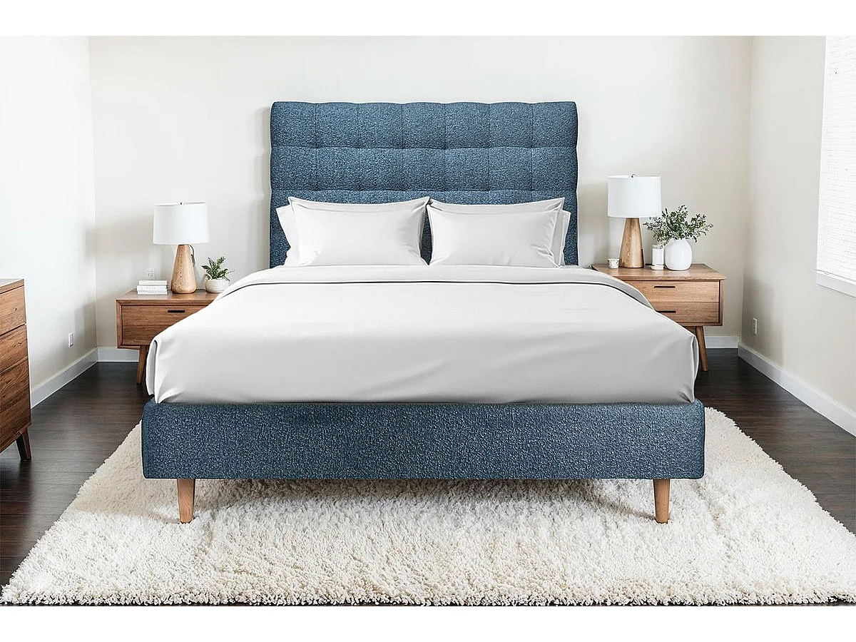 Tete de lit Capitonnée Bouclette Bleue L 160 cm - Ep 10 cm rembourré