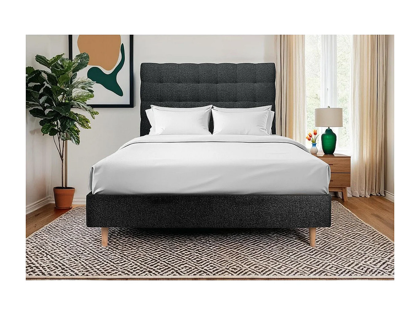 Tete de lit Capitonnée Bouclette Noir L 200 cm - Ep 10 cm rembourré