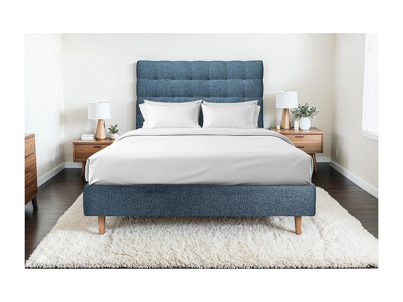 Tete de lit Capitonnée Bouclette Bleue L 135 cm - Ep 10 cm rembourré