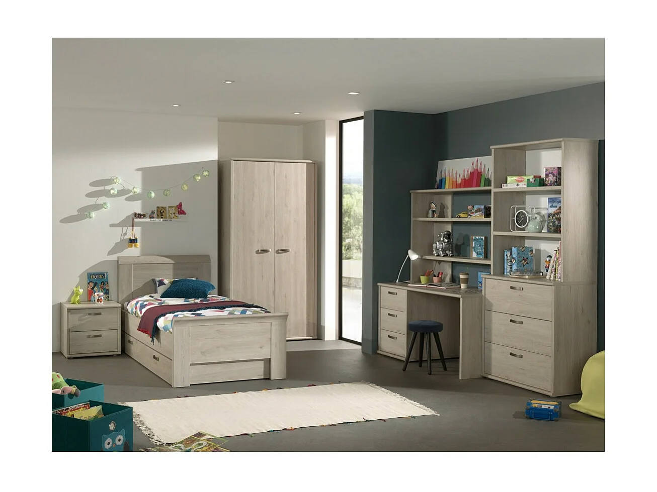 Lit enfant robuste 90x200 collection DANY - Coloris chêne clair