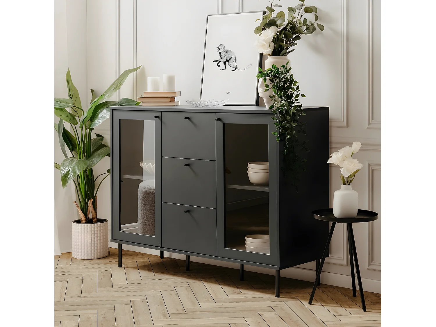 Buffet 3 Tiroirs 2 Portes Vitrées Bleu Marine L120 cm - BOGOTA