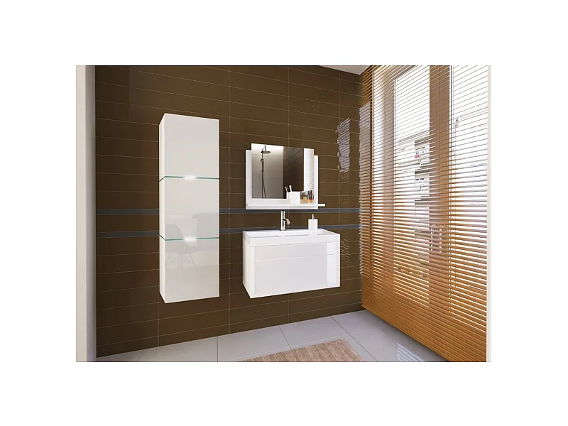 Conjunto de móveis para banheiro branco coleção OWL. Coluna, móvel sob a pia, pia de 60cm, espelho, sifão e LEDs.