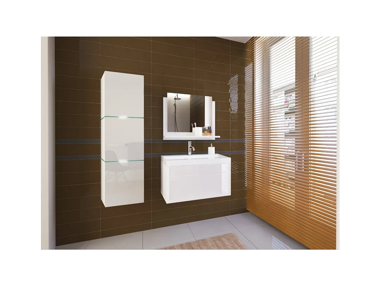 Ensemble meubles de salle de bain blanc collection OWL, colonne, meuble sous vasque 60 cm, miroir, siphon et LEDs