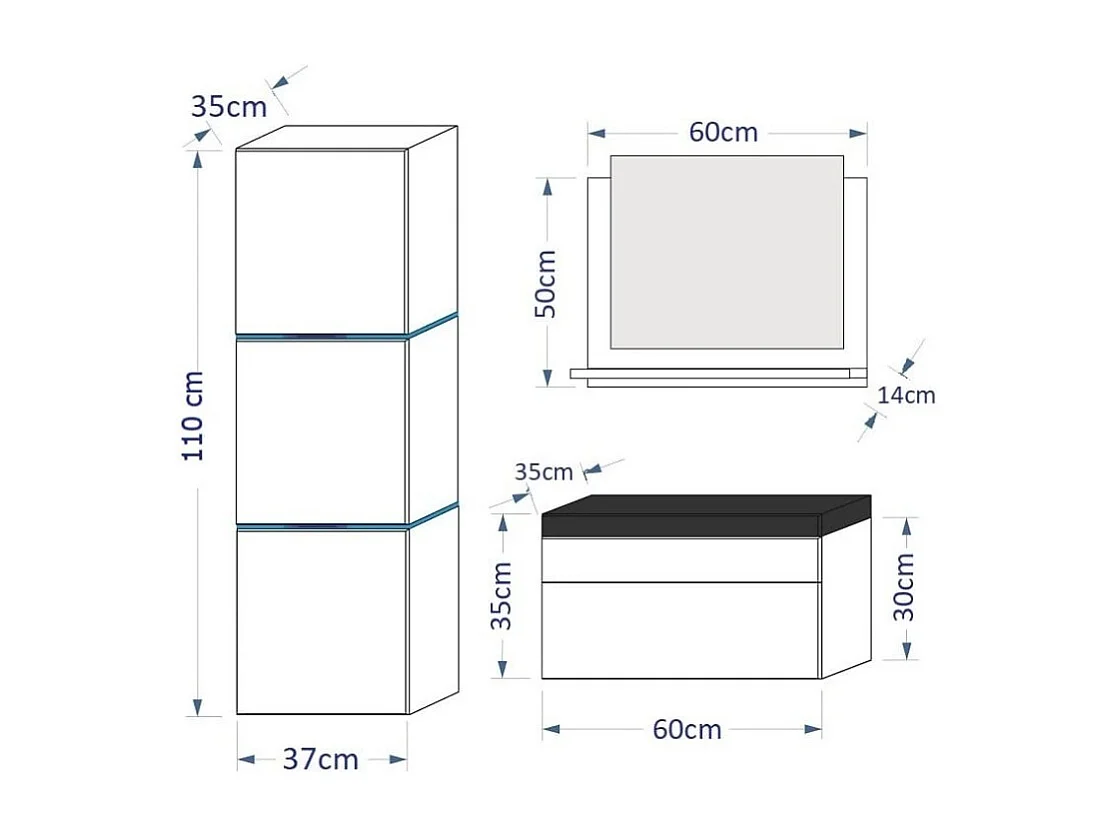Conjunto de muebles para baño negro colección OWL, columna, mueble bajo lavabo de 60 cm, espejo, sifón y LEDs.