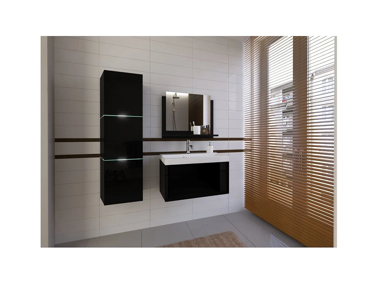 Ensemble meubles de salle de bain noir collection OWL, colonne, meuble sous vasque 60 cm, miroir, siphon et LEDs