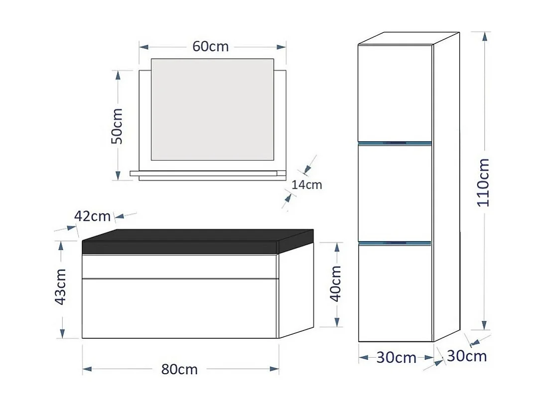 Ensemble meubles de salle de bain noir collection RAVEN. Colonne, meuble sous vasque, vasque 80cm