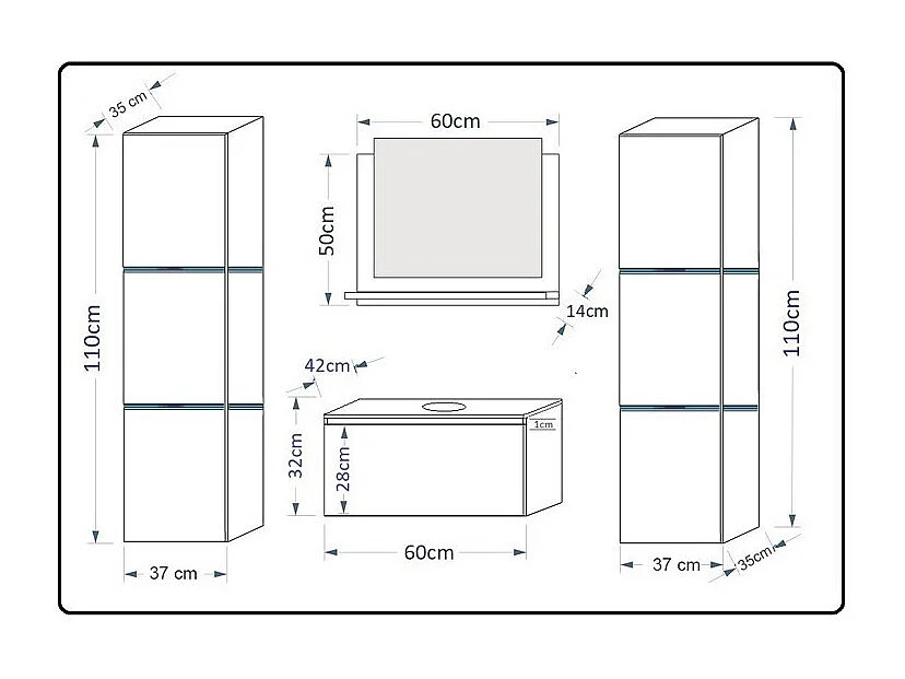 Badezimmermöbelset in Weiß, Kollektion OWL. 2 Säulen 37x110x35, Waschtischunterschrank