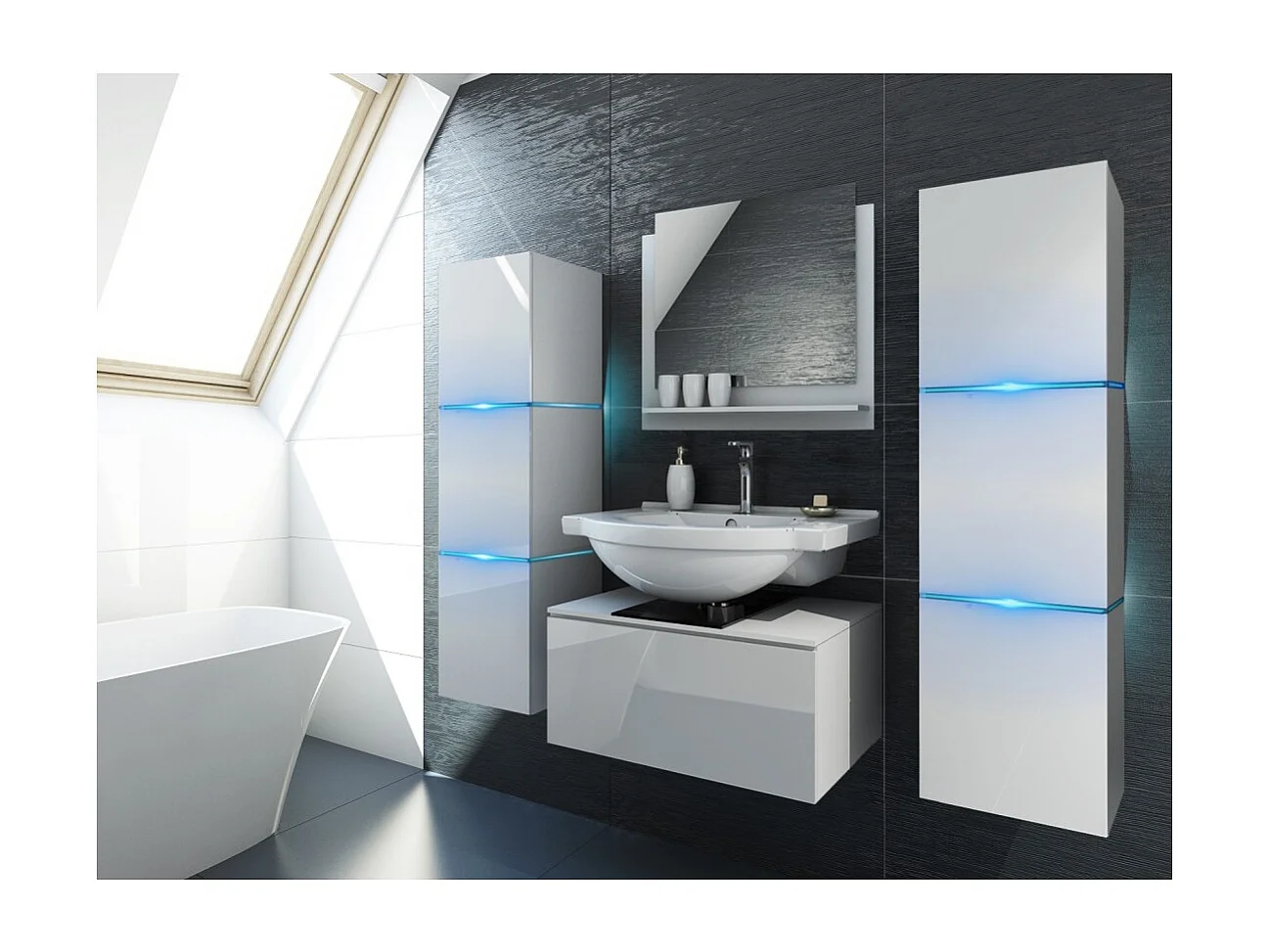 Ensemble meubles de salle de bain blanc collection OWL. 2 colonnes 37x110x35, meuble sous vasque